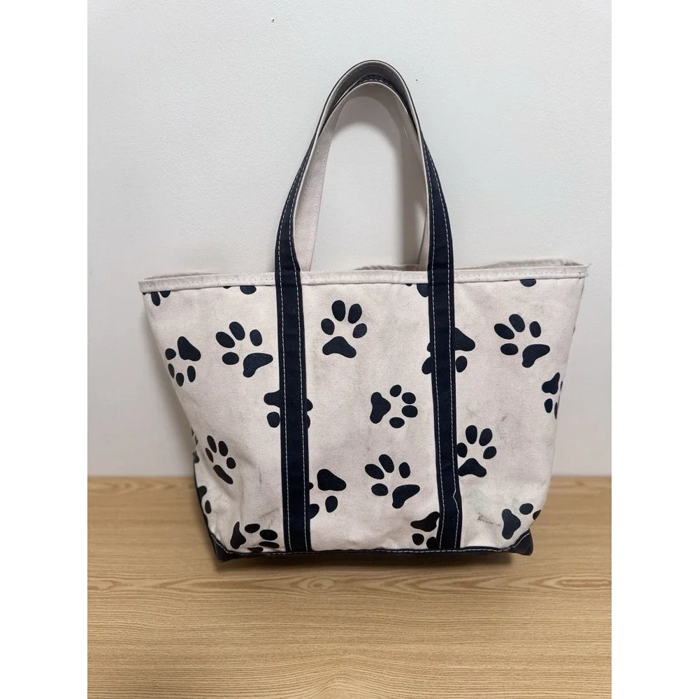 Vintage LL Bean Large Canvas Boat and Tote Bag Dog Print Freeport Maine 1980's
